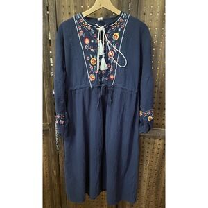 Boho Hippie Shineflow Embroidered Floral Dress Navy Blue Size XL Festival Whimsy